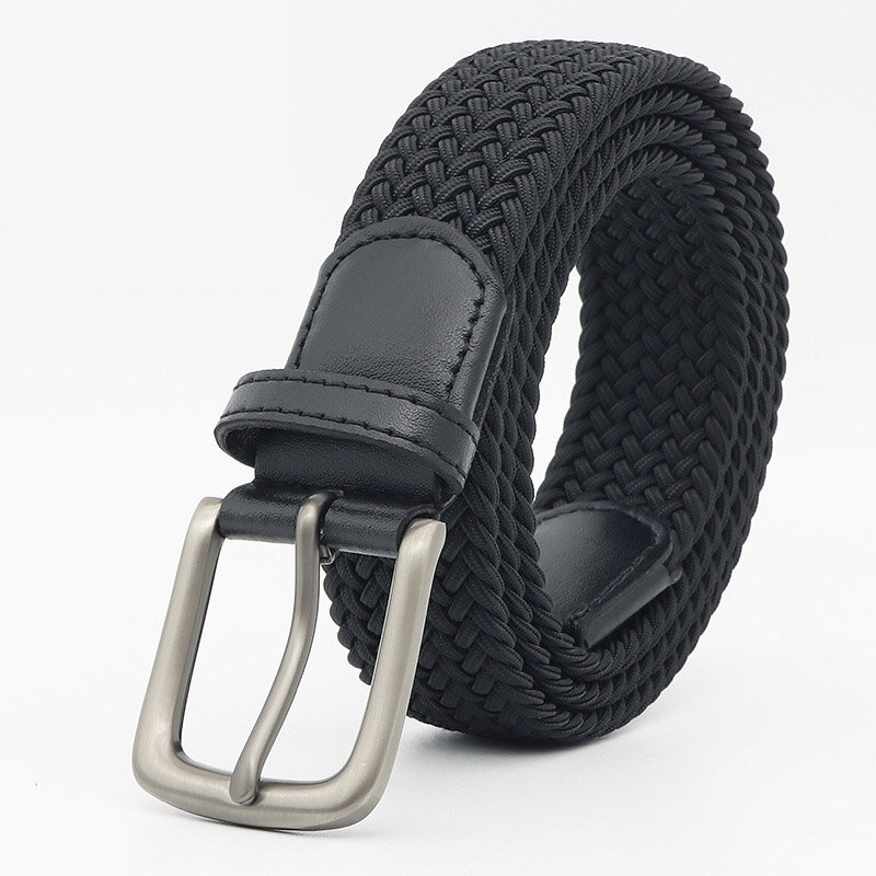 3.4cm Elastic Canvas Belt Korean Edition Men's High Quality Leisure Sports Needle Buckle Elastic Knitted Alloy Buckle Black Belt