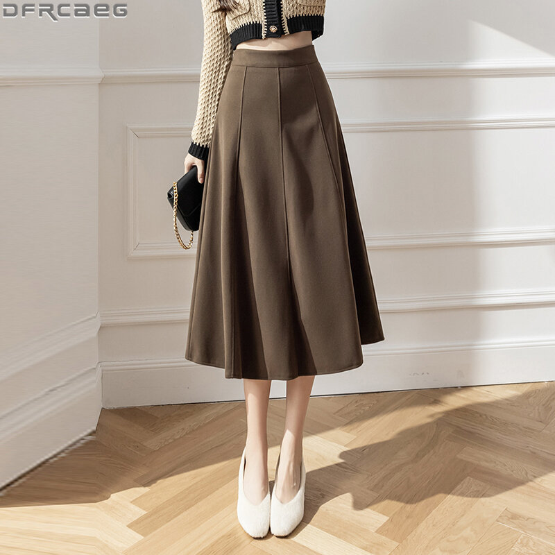 Женская Длинная шерстяная юбка в стиле ретро, элегантная однотонная трапециевидная юбка-макси составного кроя с высокой талией, свободная юбка коричневого и черного цветов, зима 2022