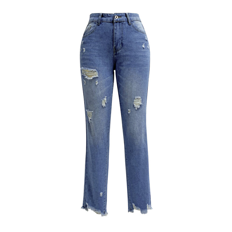 Синие джинсы для женщин 2024, прямые брюки с высокой талией и дырками для мам, джинсовые осенние повседневные длинные уличные брюки Y2k, Капри, мешковатые