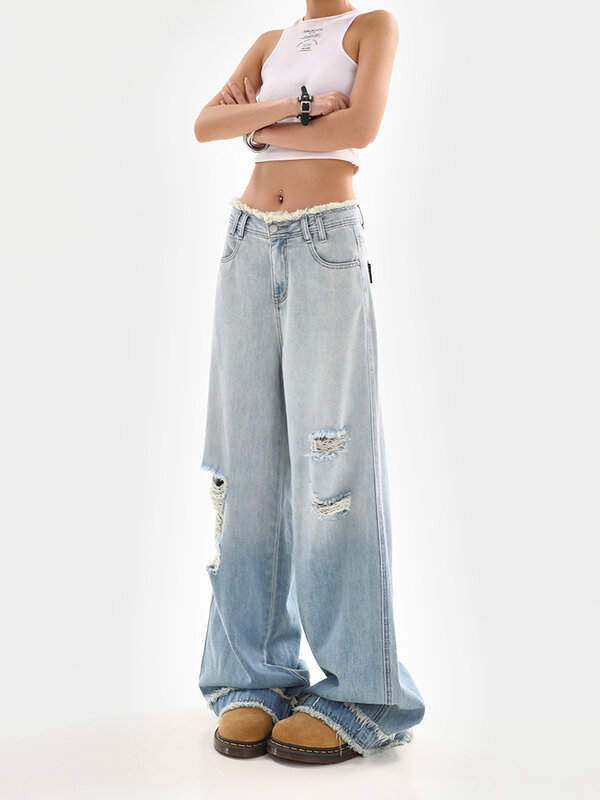 Женские винтажные джинсы в стиле Харадзюку, свободные широкие брюки с градиентом, потертые рваные мешковатые джинсовые брюки Y2K, лето 2024