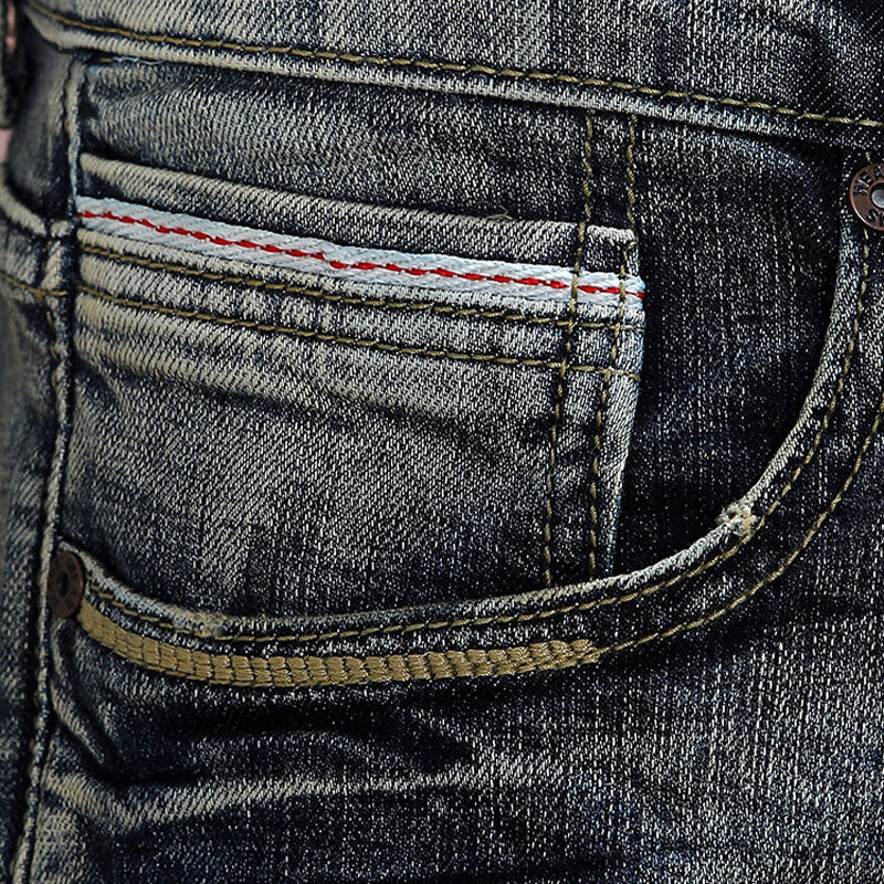 Projektant mody męskie jeansy Retro żółty niebieski elastyczny Slim Fit porwane jeansy męskie spodnie dziura Vintage casualowe spodnie jeansowe Hombre