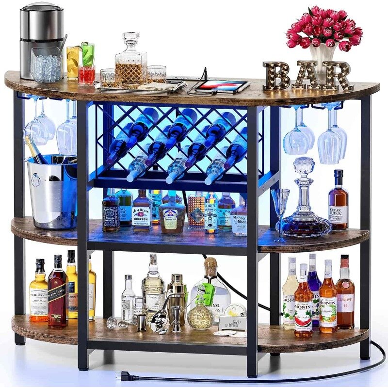 Mini Bar Mesa com Power Outlet, LED Home Cabinet para Licor, Metal Wine Bar Stand