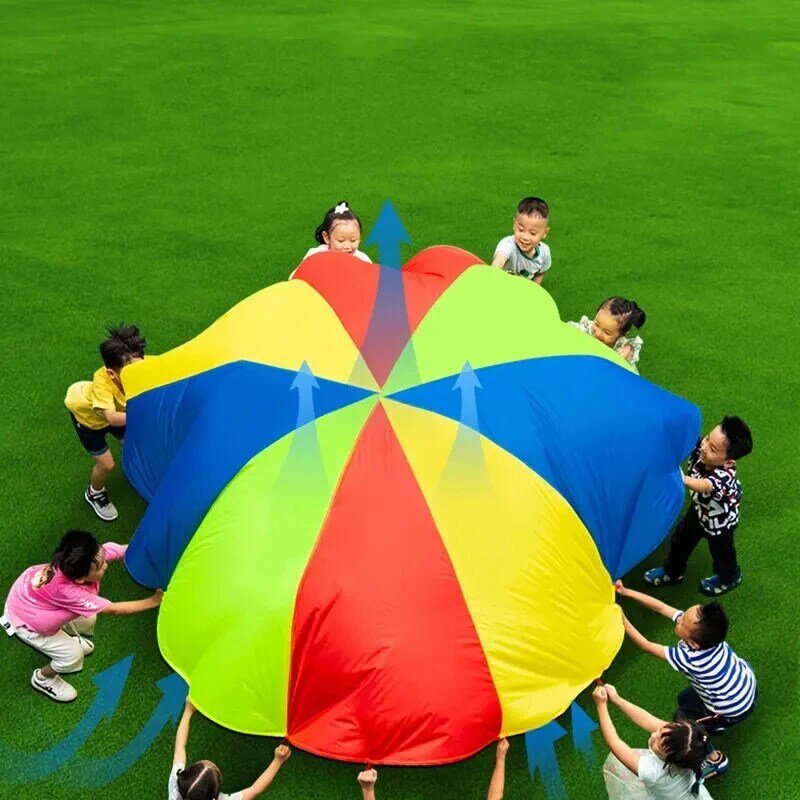 Paraguas de arco iris para acampar al aire libre para niños, juguete de paracaídas, saco de salto, Ballute, juego de trabajo en equipo interactivo, Gif