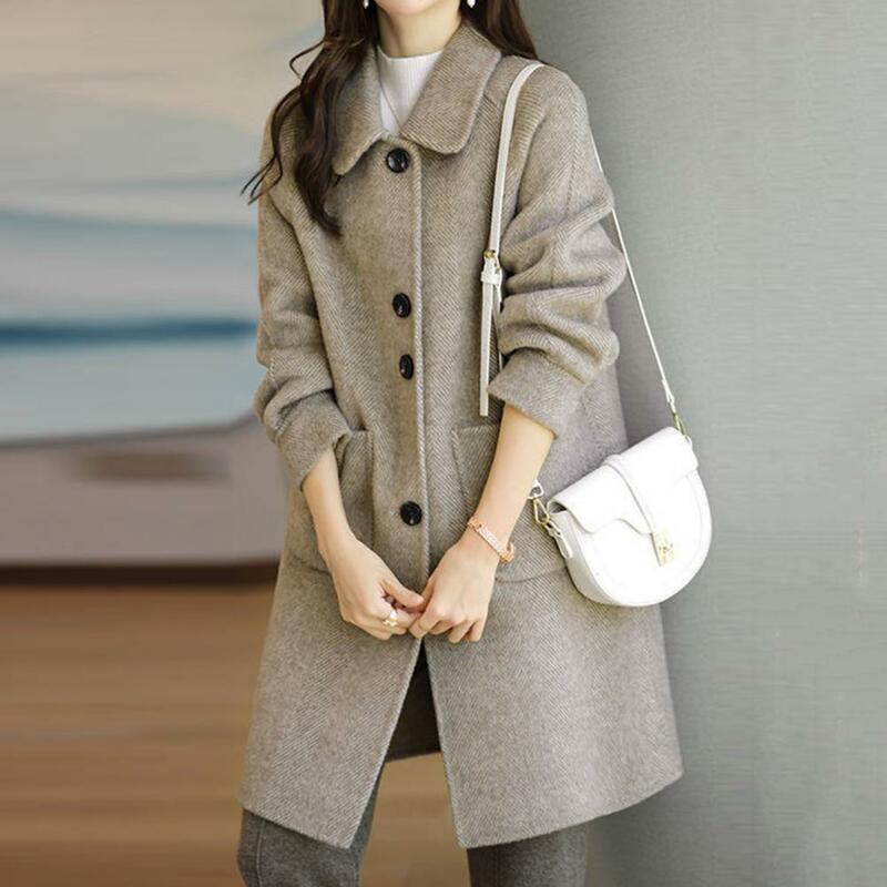 Sobretudo solto e espesso feminino, casaco elegante de lã, lapela, manga comprida, peito único com bolsos, sobretudo elegante