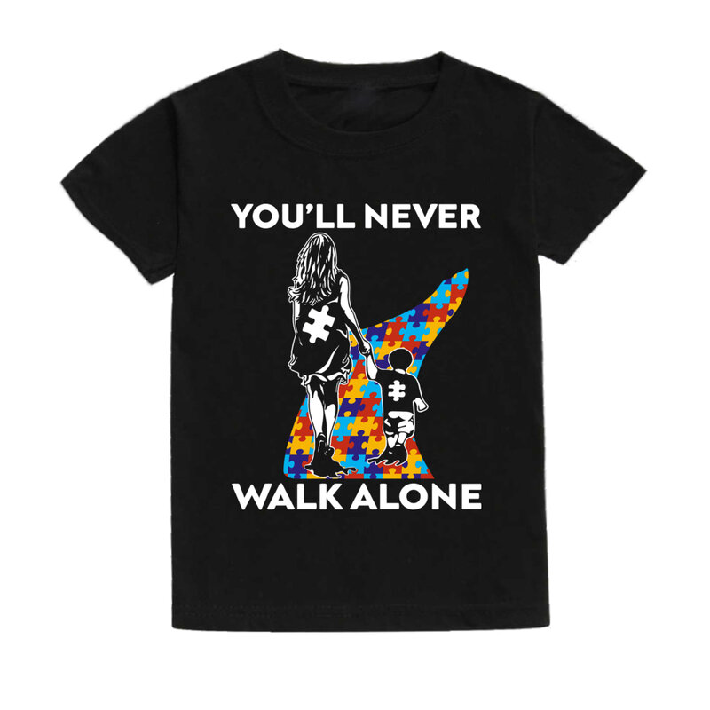 Camiseta de manga corta para niños, camisa con estampado "You Will Never Walk Alone", para el día de la concientización del Autismo