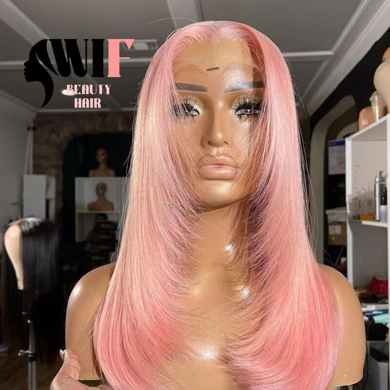 WIF-Peluca de cabello liso en capas de color rosa claro, parte media, corte de pelo en capas, pelucas delanteras de encaje sintético, fibra de calor, uso de Cosplay