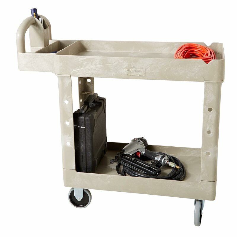Commercial Products - FG4520088BEIG 2-Shelf Utility/Service Cart, Medium, Lipped Shelves, Ergonomic Handle
