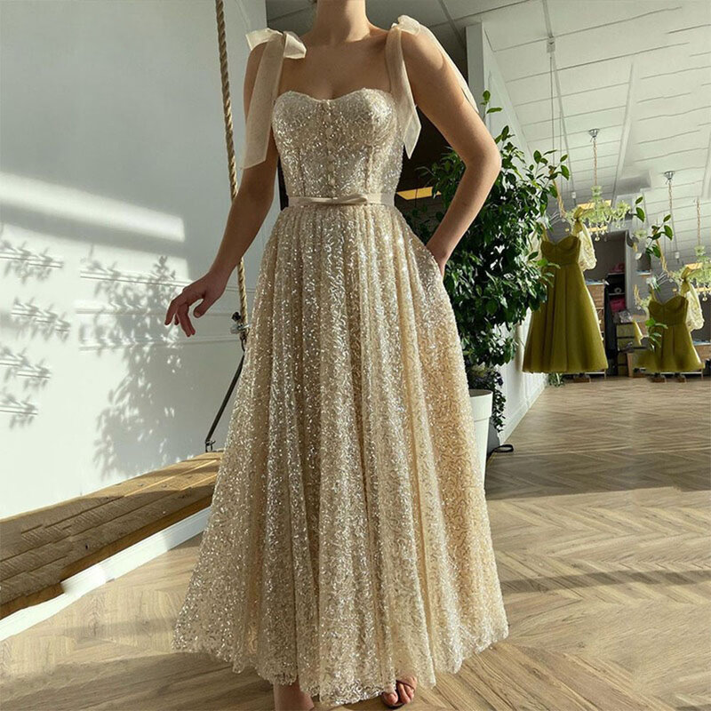 Adult Birthday Prom Evening Dress Champagne Transparent Bow Sequin Sweetheart Bra Party Dress with Pocket and Ankle Length