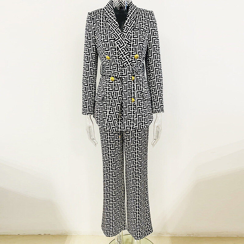 Tesco Fashion Print Damespak 2-delige Mid-Length Riem Blazer Broek Met Rechte Pijpen Casual Set Voor Dameskleding Ropa De Mujer