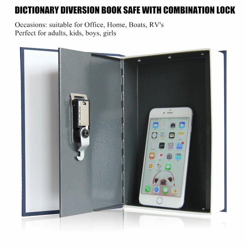 Livro seguro com fechadura combinada, código do dicionário, caixa metálica, para casa e escritório