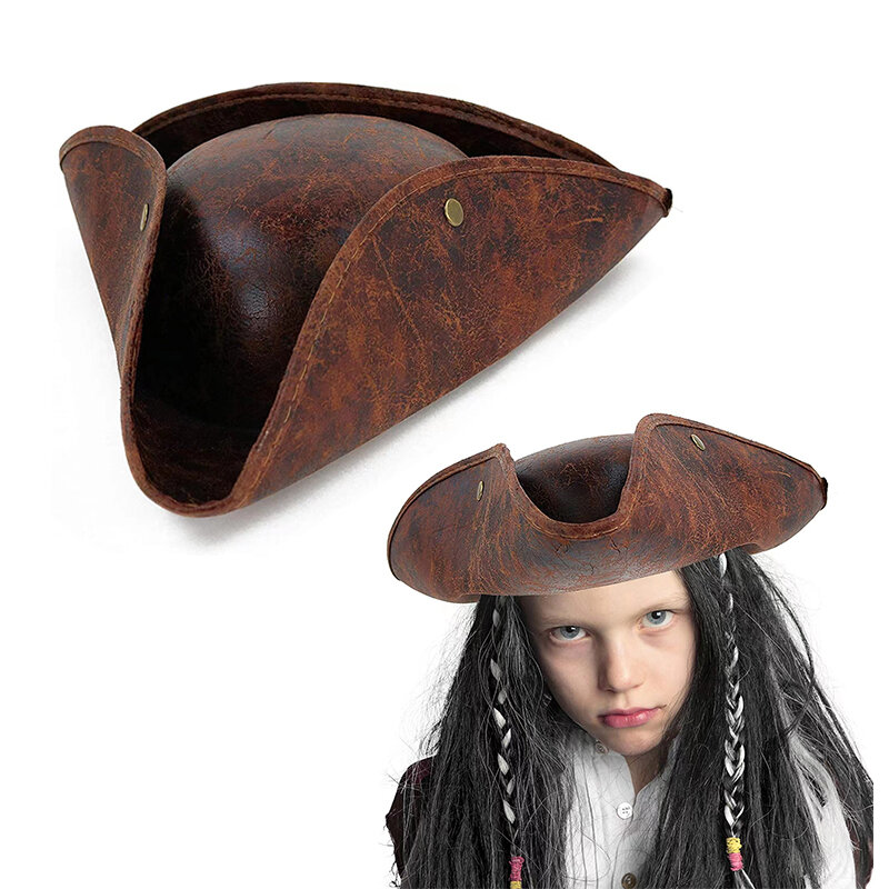 Brown angustiado pirata tricorn chapéu para homens e mulheres, festa de máscaras, couro falso, traje de Halloween, acessórios cosplay