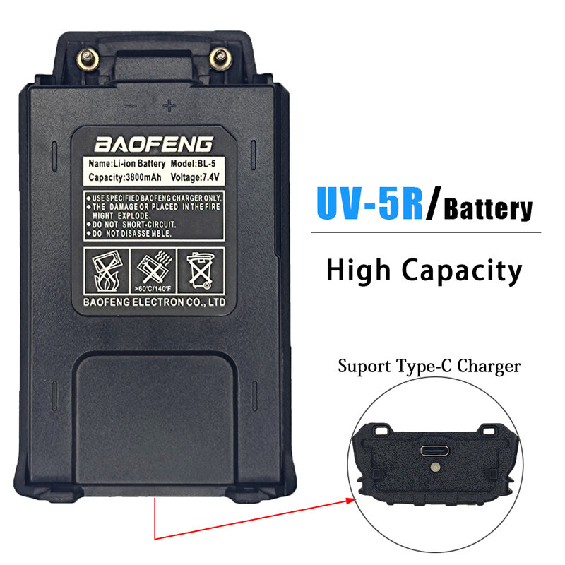 Baofeng 워키토키 배터리 TYPE-C 충전기, 대용량 충전식 배터리, UV5RA UV5RE F8HP 무선 커뮤니케이터
