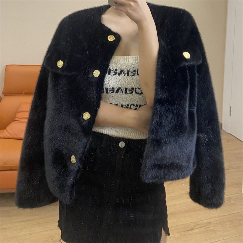 Fashion Black Imitation Mink Fur Coat Female 2023 New Autumn Winter Jacket Short Single Breasted Women's Fur Coat Outerwear Tops