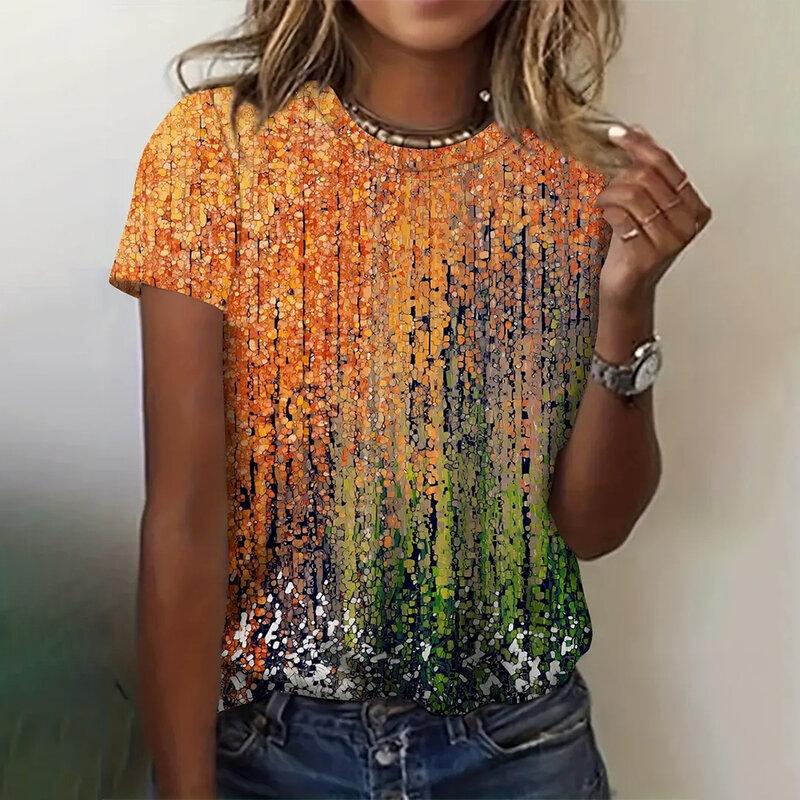 Modne damskie t-shirty z krótkim rękawem w kolorze 3D z dekoltem w stylu Casual, luksusowa, odzież damska letnia, luźna koszulka uliczna