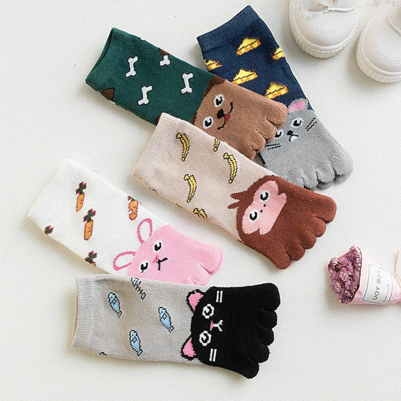 Calcetines de algodón con dibujos de animales para niños, medias con cinco dedos, bonitos, para invierno, 1 par
