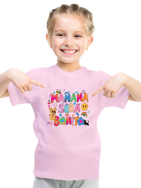 Camiseta estampada con flores vibrantes para niña, MANANA SERA BONIT, cuello redondo informal, manga corta para primavera y verano, diversión al aire libre, nueva