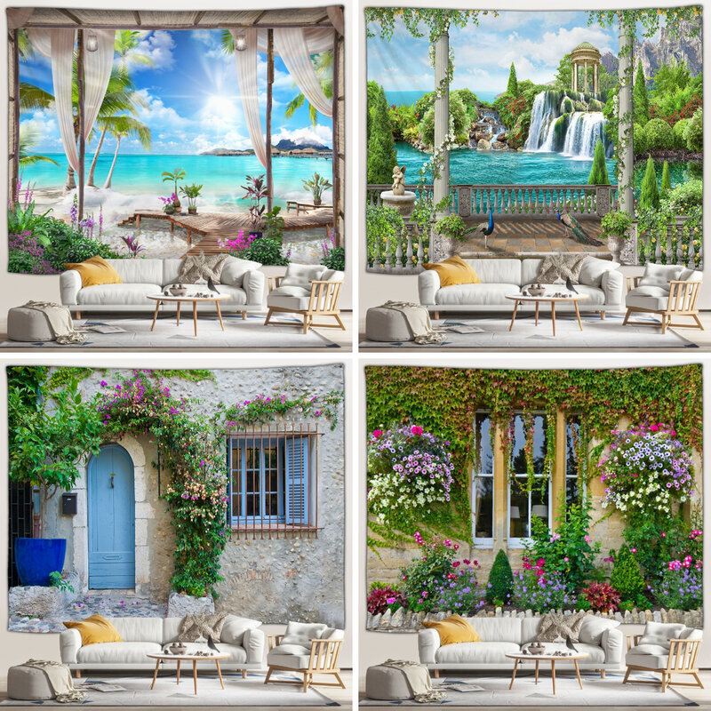 Tapisserie d'affiche de paysage de jardin extérieur avec crochets, rideau de bain en tissu polyester, vintage, ville méditerranéenne, décoration d'intérieur