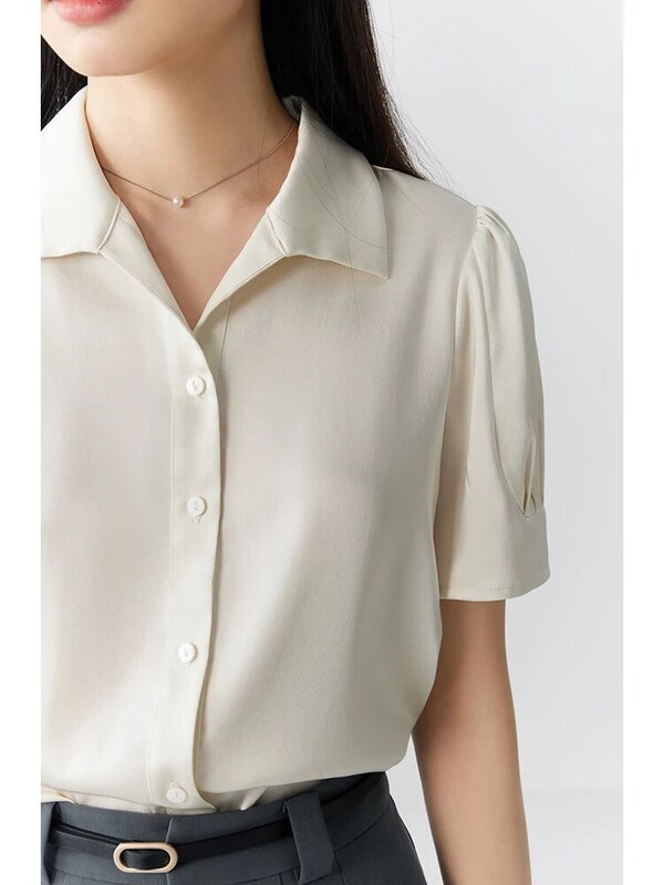 ZIQIAO Satin High-quality Improved Puff Sleeve Shirt for Women 2024 Summer Newly Office Lady Commuter Short-sleeved Top Female