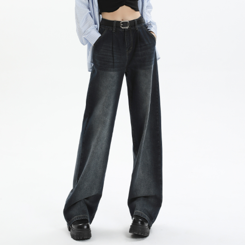 بنطلون جينز نسائي واسع الساق من الجرونج ، جينز فضفاض عتيق Y2K ، خصر عالي ، بنطلون هاراجوكو ، ملابس نسائية ، موضة كورية