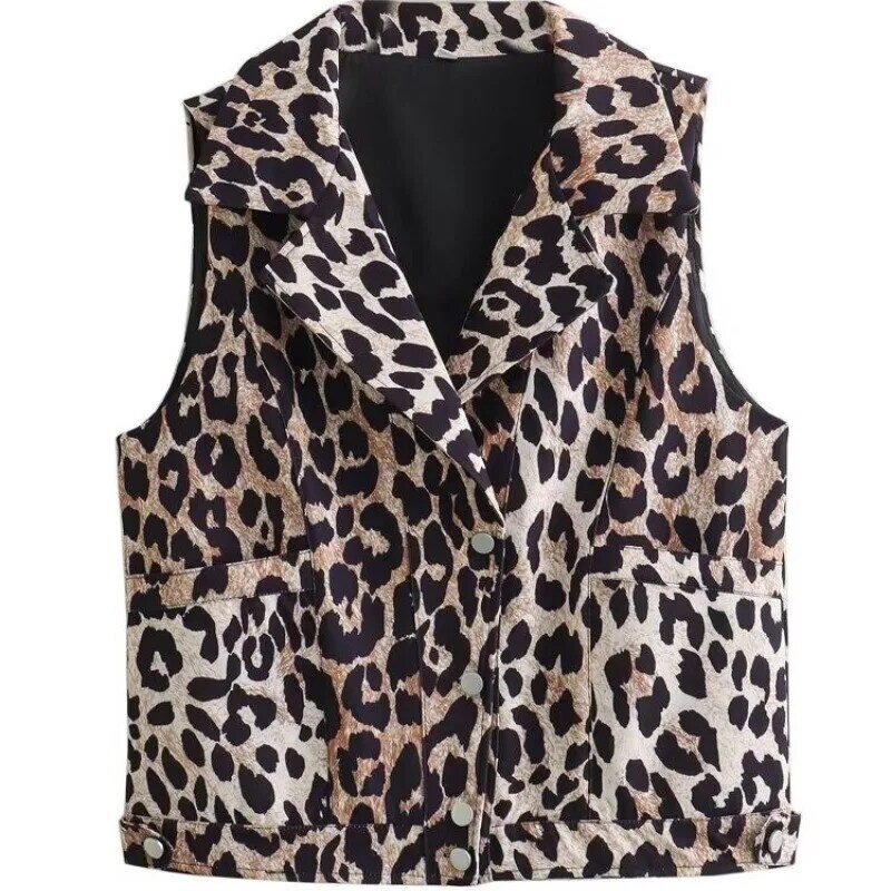 Houzhou เสื้อกั๊กวินเทจลายเสือดาวสำหรับผู้หญิงแจ็คเก็ตแขนกุดขนาดใหญ่พิเศษพิมพ์ลายสัตว์แฟชั่น Y2k ฤดูร้อนสวยงาม
