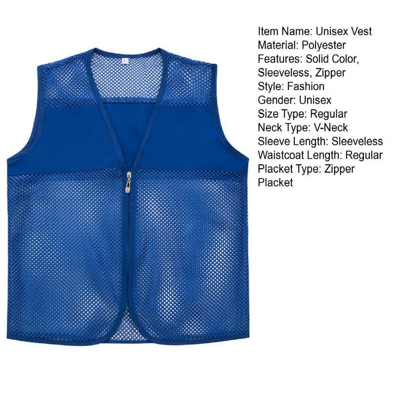 Unisex Vest Zipper Closure Sleeveless Breathable Solid Color Work Vest Zipper Placket Mesh Waistcoat Outdoor Women Men Vest Coat