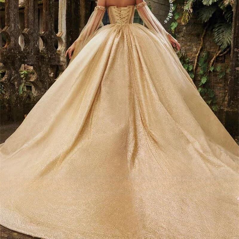 Luxury Sparkly Champagne Quinceanera Dresses With Two Gloves Beaads Ball Gown Appliques Sweet 16 Dress Party Vestidos De 15 años