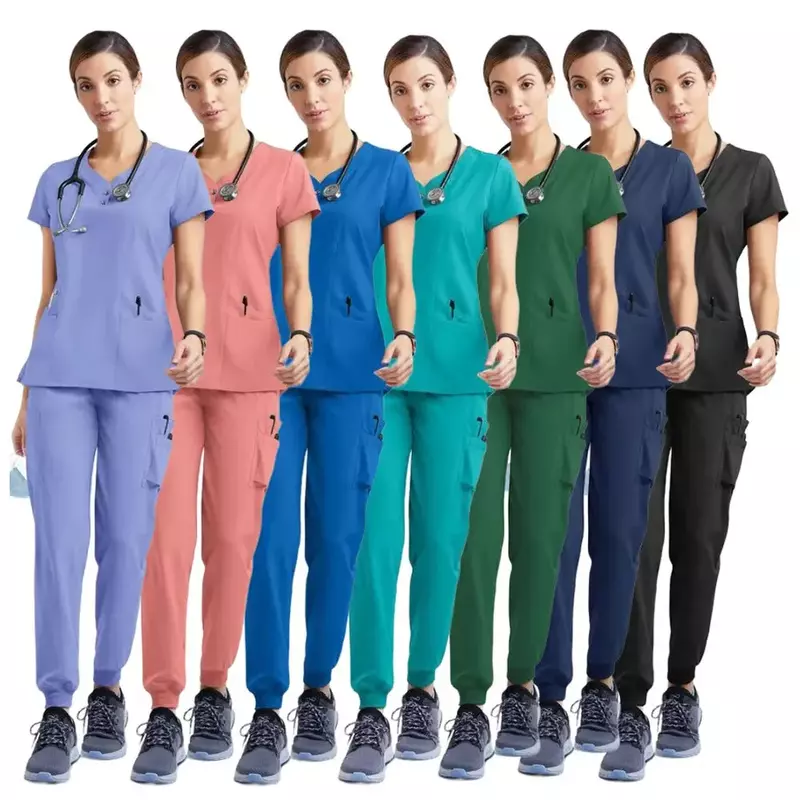 ชุดยูนิฟอร์มสำหรับผู้หญิงชุดยูนิฟอร์มชุดผ่าตัดผ้ายืดหยุ่นเสื้อแขนสั้นสำหรับ celana joger ชุดแพทย์