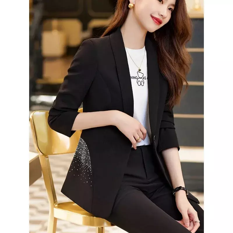 Jaqueta feminina de manga comprida, blazer feminino, moda feminina de trabalho, azul, preto, branco, primavera, outono