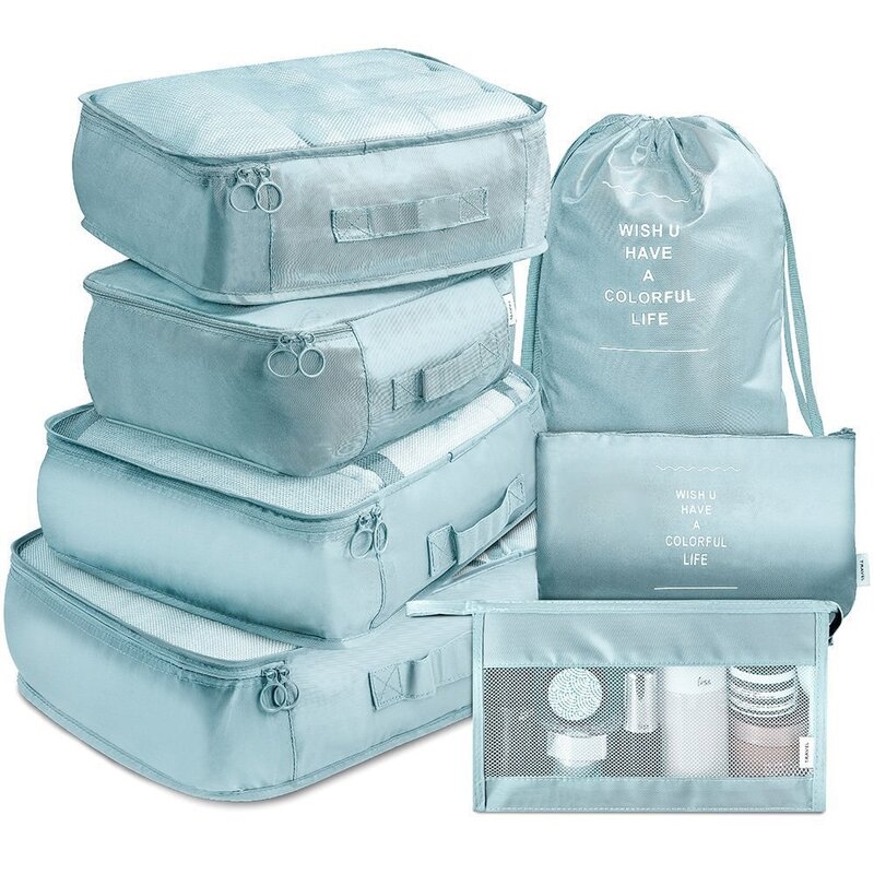 Juego de bolsas de almacenamiento de viaje para mujer, organizador de maleta portátil, cubos de embalaje de equipaje, bolsa de lavado impermeable, almacenamiento de ropa, 7 piezas