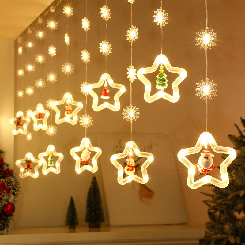 LED Christmas Decoration Fairy String Lights Pentagram Curtain  Stars Ice Strip Lights Snowman Santa New Year Decor Gift Lamp
