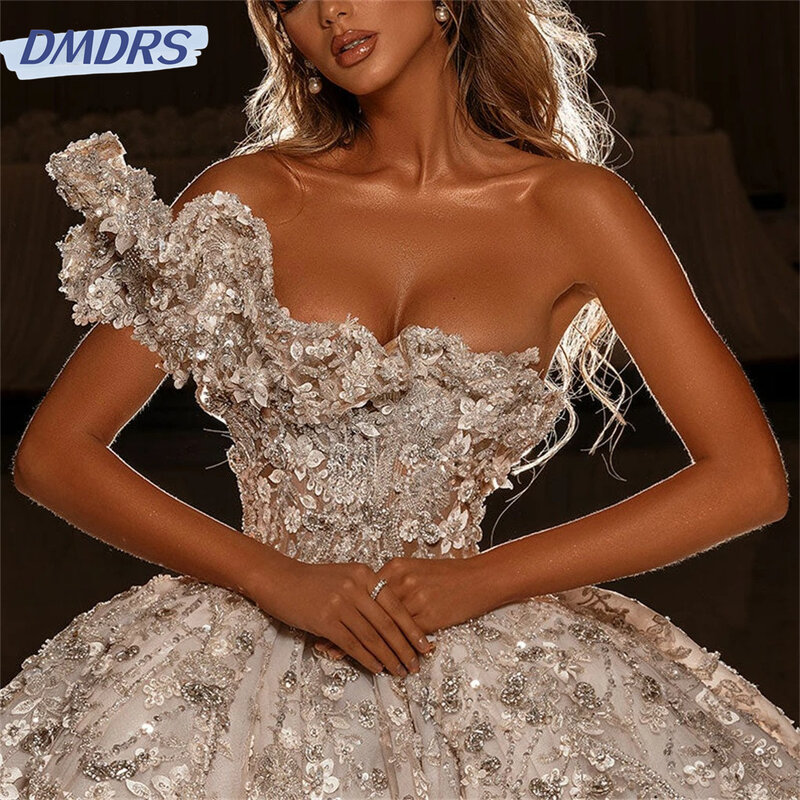 Sexy ein Schulter ärmel Brautkleider 2024 klassische 3d Blume Brautkleid elegante Perlen boden lange Party Vestidos de Novia
