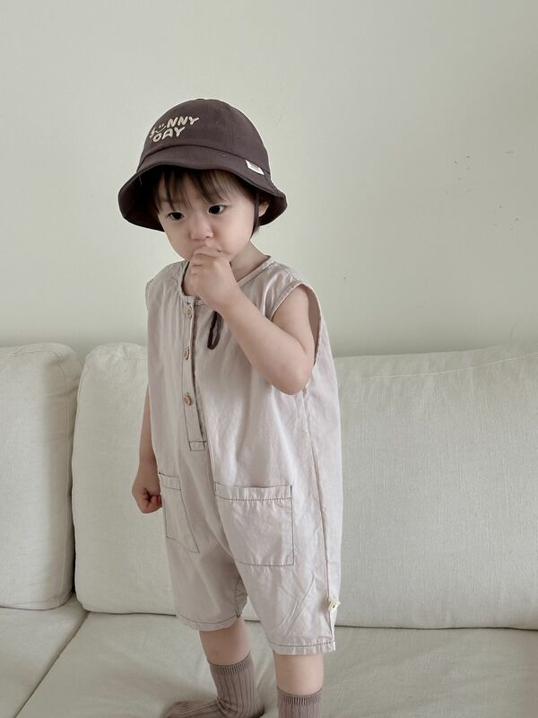 2024 Summer New Baby Sleeveless Romper Cotton Infant Boy Girl Solid Casual Jumpsuit Newborn Toddler Loose Pocket Clothes 0-3T