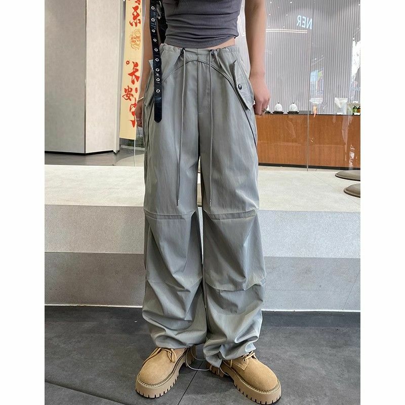 Pantalones Cargo funcionales de gran tamaño para mujer, ropa de calle holgada coreana con bolsillos de estilo americano, diseño de pierna ancha a la moda