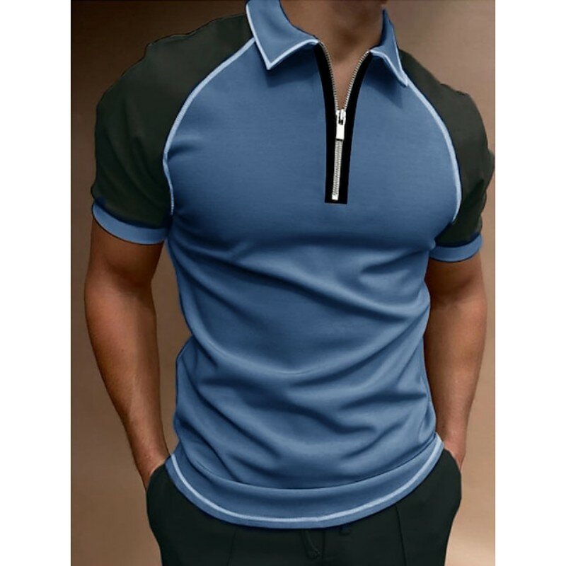 Summer Short Sleeve Patchwork Polo Shirt Men Casual Slim Lapel Zipper Cardigan Breathable Polo Shirt Mens Fashion Clothes