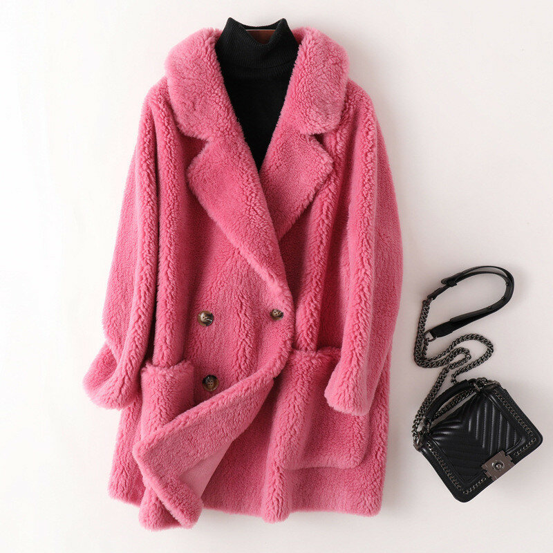 Casaco trespassado feminino, jaqueta de lã, tesoura de ovelha grânulo, sobretudo solto, roupas femininas, moda coreana, G1319, outono, inverno