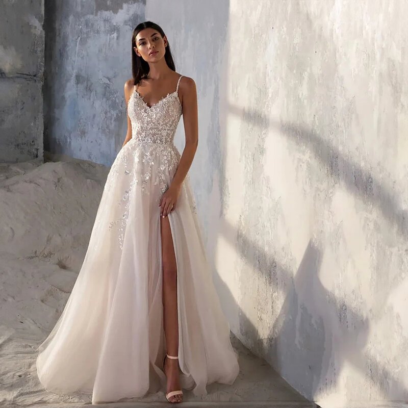 Spaghetti Straps V-neck Applique Lace Tulle Wedding Dress for Bride Backless A-line Side Split Court Bridal Gown robe de mariée
