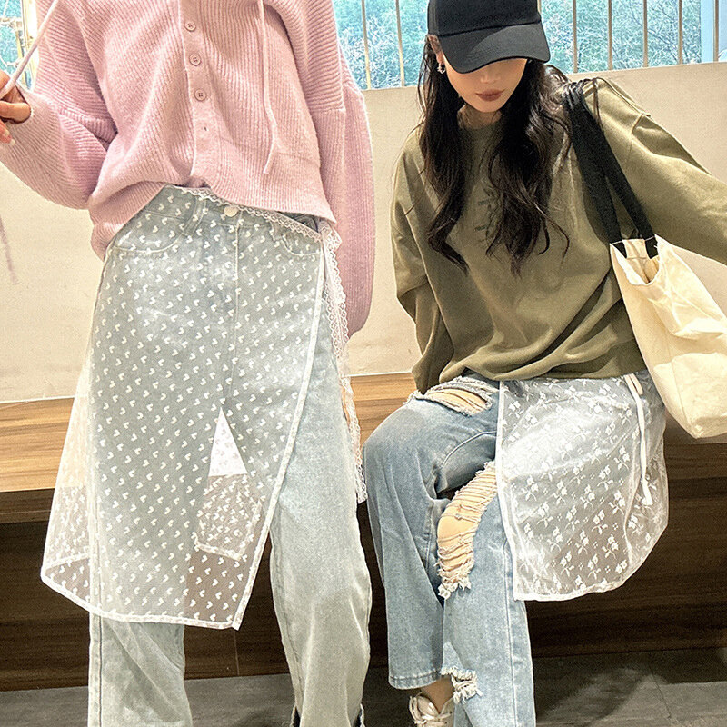 Saia de malha de renda vintage feminina, saia Harajuku emendando, Design com cordões, roupas de camadas, moda, perspectiva versátil