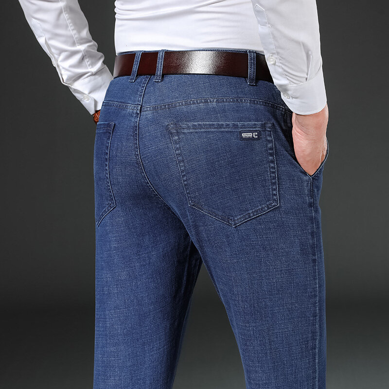 Джинсы для мужчин, новинка весны, эластичные деловые свободные прямые повседневные брюки, брендовые модные повседневные облегающие джинсовые брюки