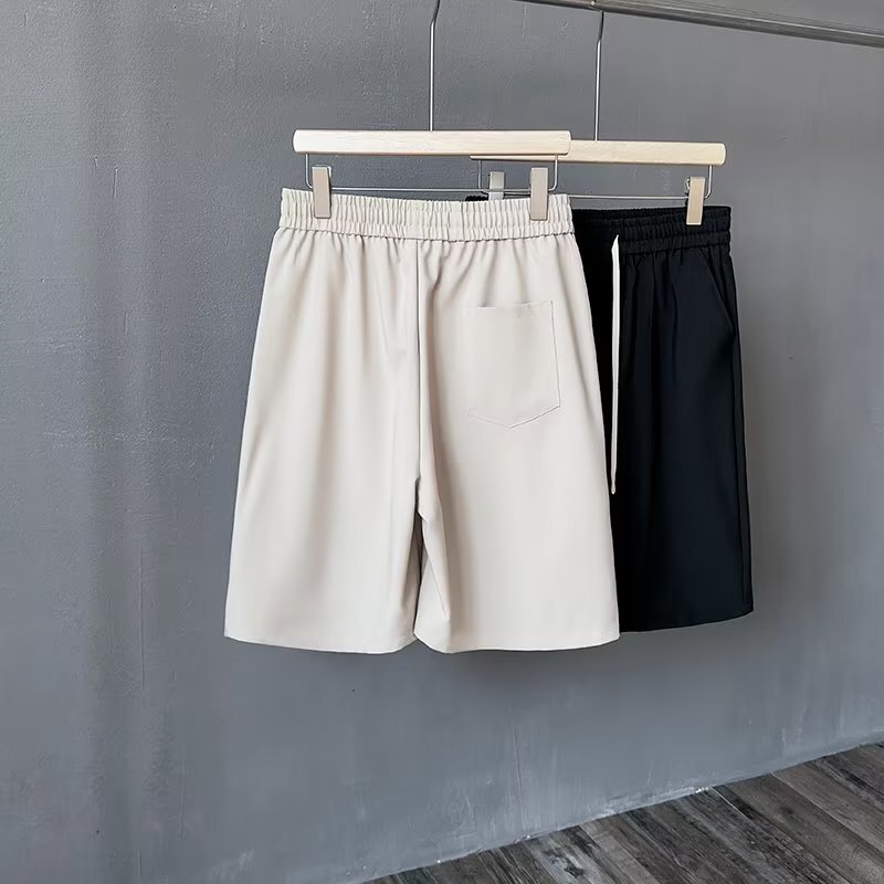 Summer Thin Men's Drawstring Shorts Solid Color Loose Straight Drape Sports Jogging Knee-length Pants Black White Khaki