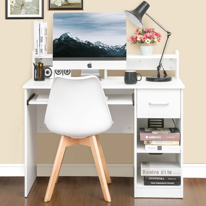 Computer Desk Student Desk Home Office Writing Table with Drawer Shelves White