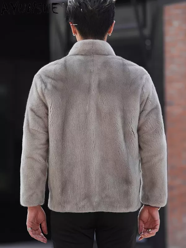 Yunsue-abrigo de piel Natural para hombre, chaqueta de invierno de un solo pecho con cuello en V, chaqueta de piel de visón Real, 2023