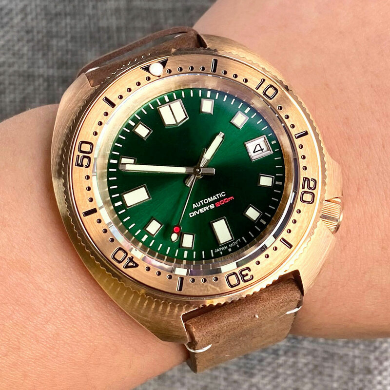 Real bronze tartaruga mergulho relógio mecânico japão nh35 movimento sunburst dial verde à prova dwaterproof água relógio de pulso reloj hombre verde lume
