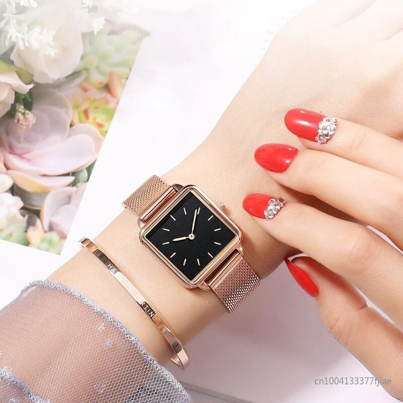 Relógio de cinto de malha magnética feminino, relógio de pulso quadrado, relógios ouro rosa, banda simples, moda feminina, luxo