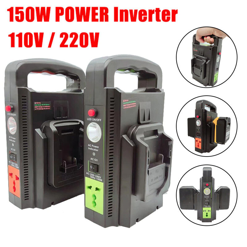 Power Inverter with Light, Power Inverter para Makita, Dewalt, Milwaukee, Bosch, Bateria de Lítio 18V, 110V, 220V, 150W, 2 Canais