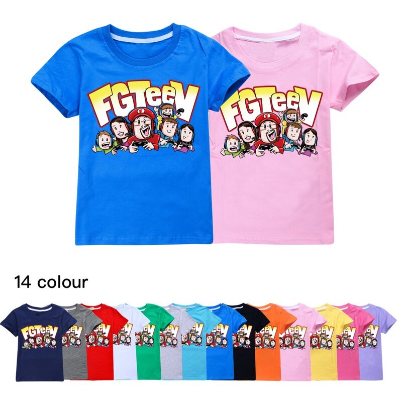 Fgteev-男の子と女の子のための短い夏のTシャツ、漫画のグラフィック、面白い、原宿、ラウンドネックレスのコットントップ