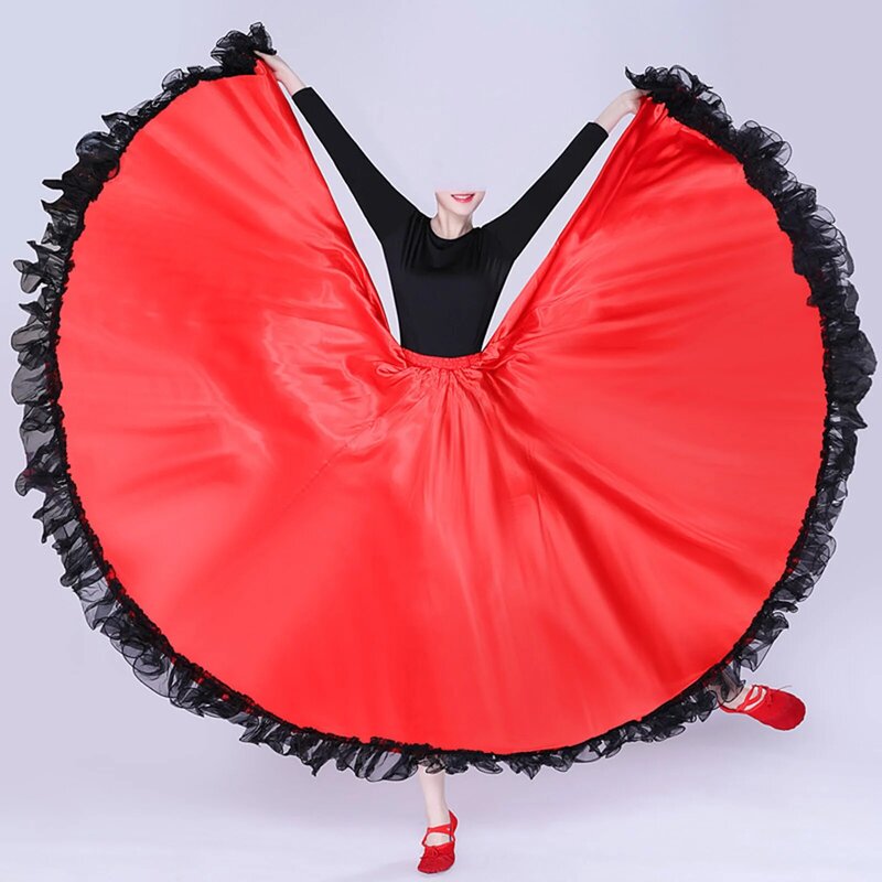Women's Spanish Flamenco Bull Dance Skirt Belly Dance Full Skirt Ruffled Hem Big Swing Flamenco Costume Satin Maxi Skirt