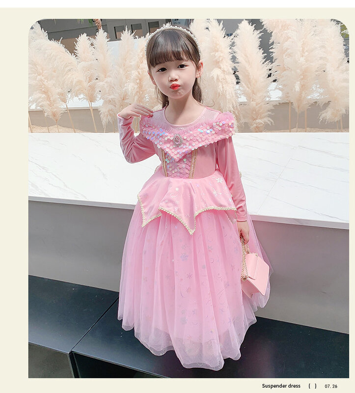Aurora gaun Cosplay putri, kostum pesta tema ulang tahun lengan panjang pesta dansa elegan acara Halloween Festival