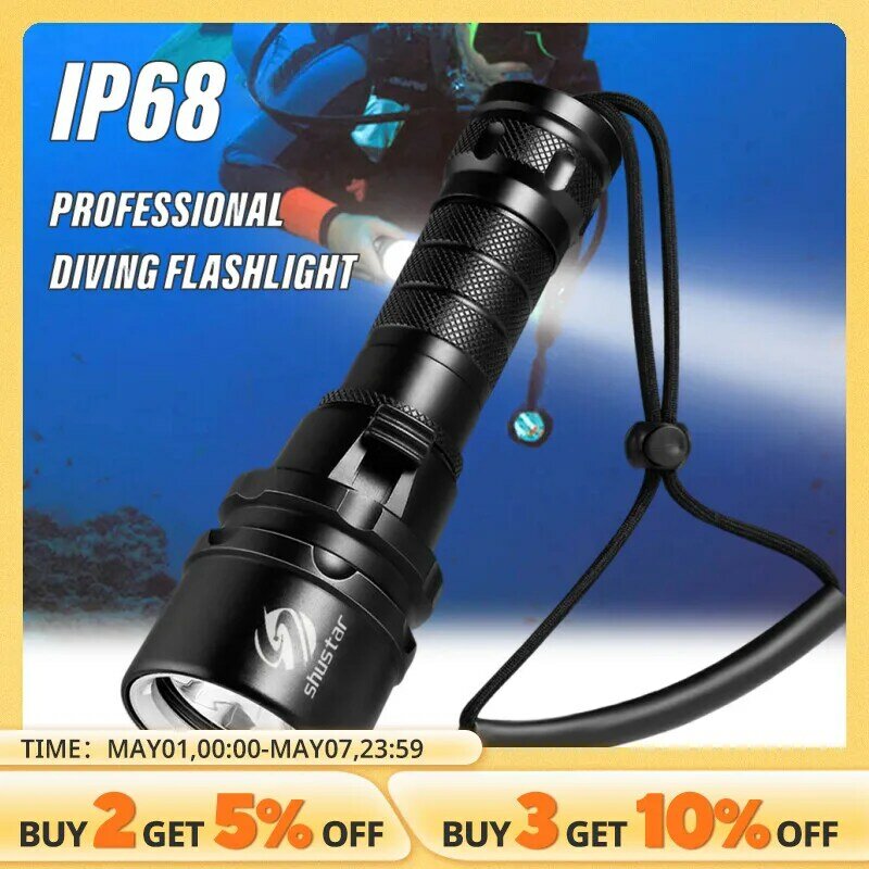 Linterna de buceo de alta potencia, luz de buceo profesional con resistencia al agua IP68, con batería 18650 y Cuerda de mano