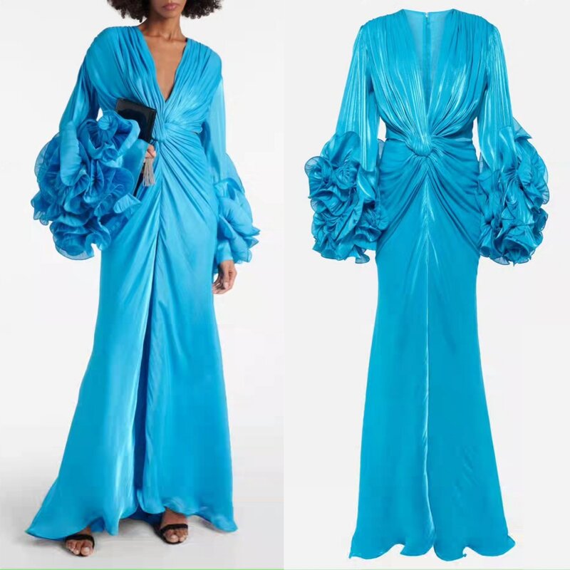 Sukienka na studniówkę saudyjska satynowa plisa celebrytka z dekoltem w serek na zamówienie długość podłogi