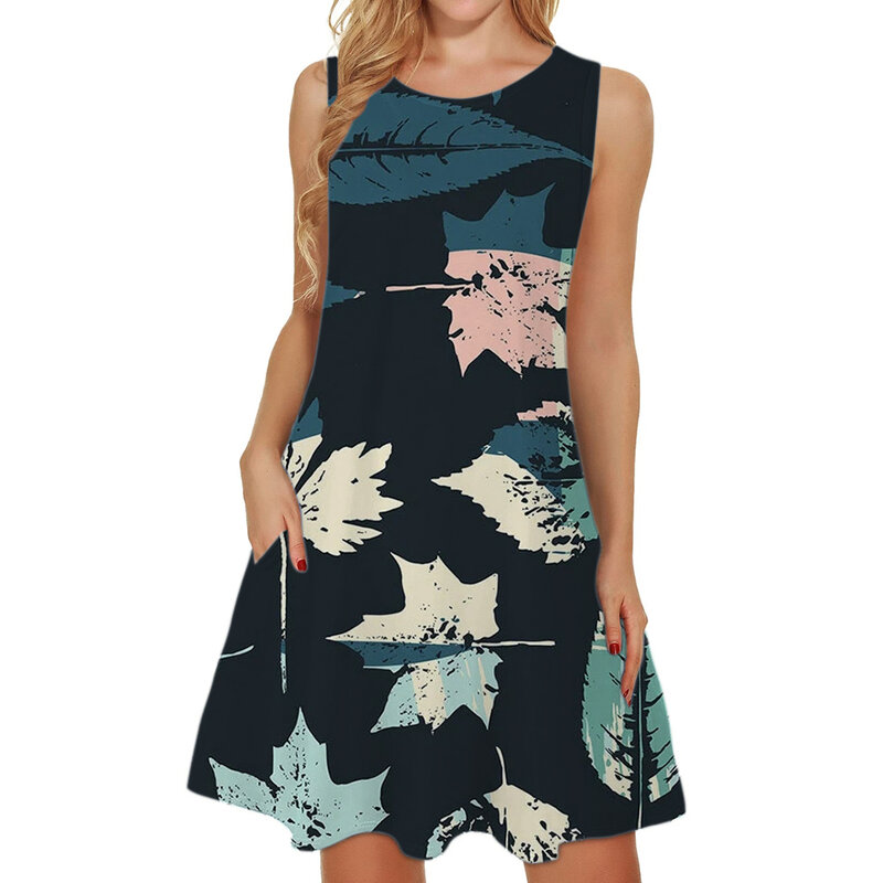 Gaun pantai wanita, Gaun pantai gaya Hawaii trendi, rok pendek tanpa lengan, Gaun rompi Musim Panas 2024
